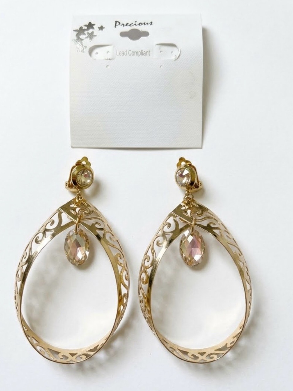 Gold Filigree Teardrop Earrings with Champagne Crystal Accent